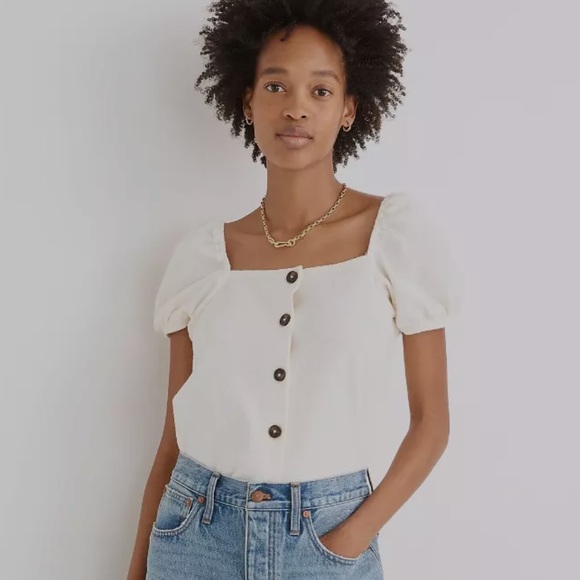 MADEWELL jacquard square-neck puff-sleeve top - Picture 1 of 3